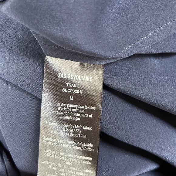 Zadig & Voltaire Tranoi navy silk top with black hem Blue lace trim blouse Sz M - Picture 12 of 14